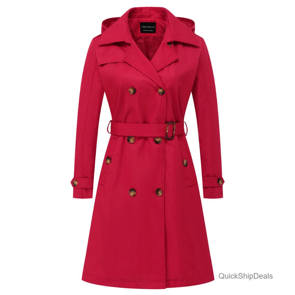 Long Trench Coat Double-Breasted Slim Fit Water-Repellent Detachable Hood